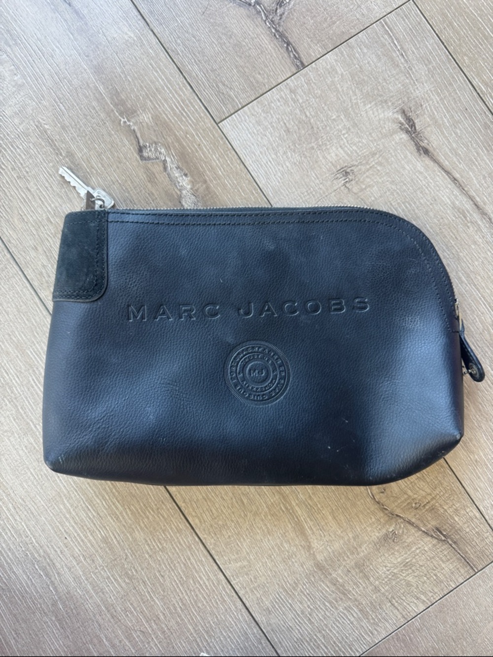 Marc Jacobs Black Leather Zip Toiletry Pouch with Embossed Logo